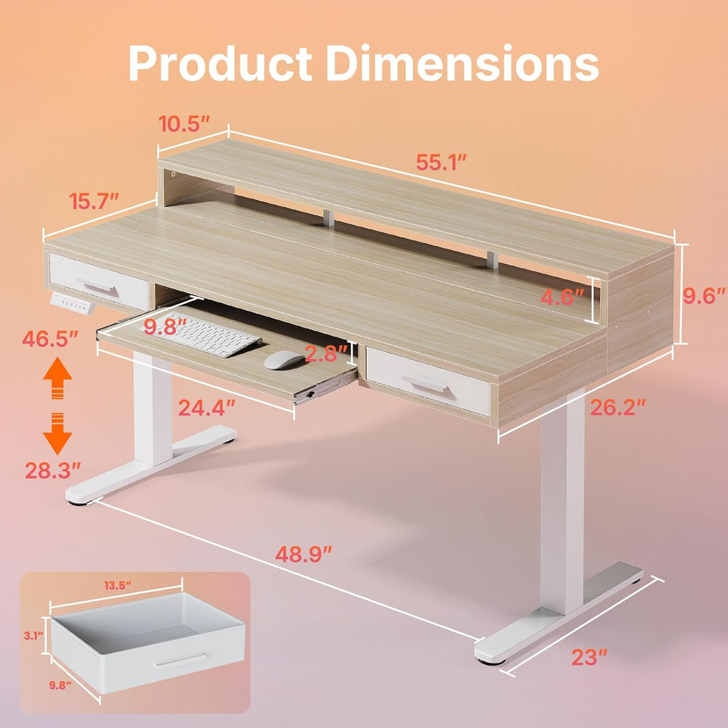 55′′ x 26′′ Electric Standing Desk with 2 Drawers &24.4′′ Large Keyboard Tray, C-Clamp Mount Compatible, Adjustable