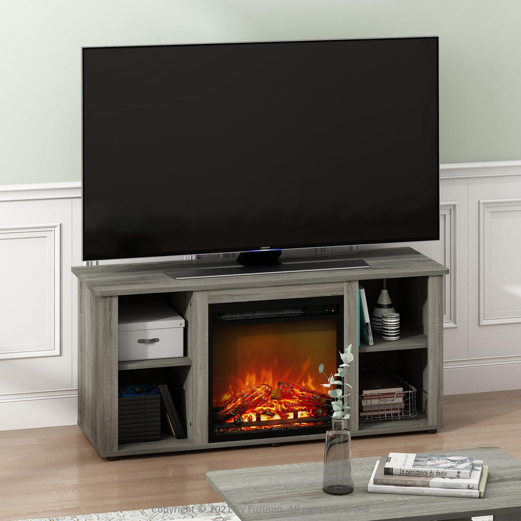 Jensen Fireplace Entertainment Center TV Stand with Open Storage for TV up to 55 Inch, French Oak Grey
