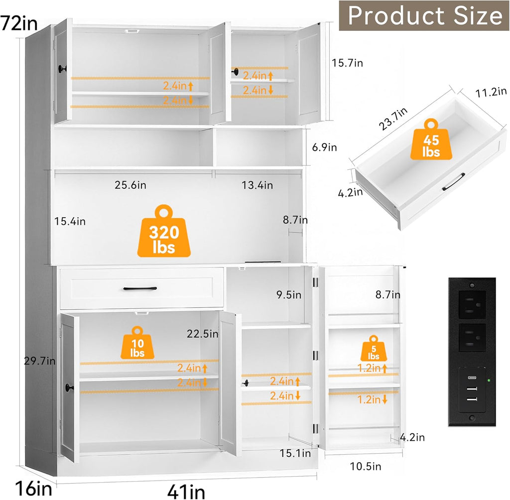 72" Kitchen Pantry Cabinet with LED Light and Charging Station Tall Pantry Storage Cabinet with Adjustable Shelves