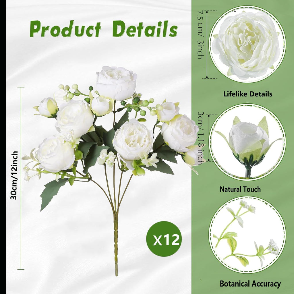 Peonies Artificial Flowers 12 Bouquets, White Flowers Lifelike Silk Fake Peonies with Stems Table Centerpieces