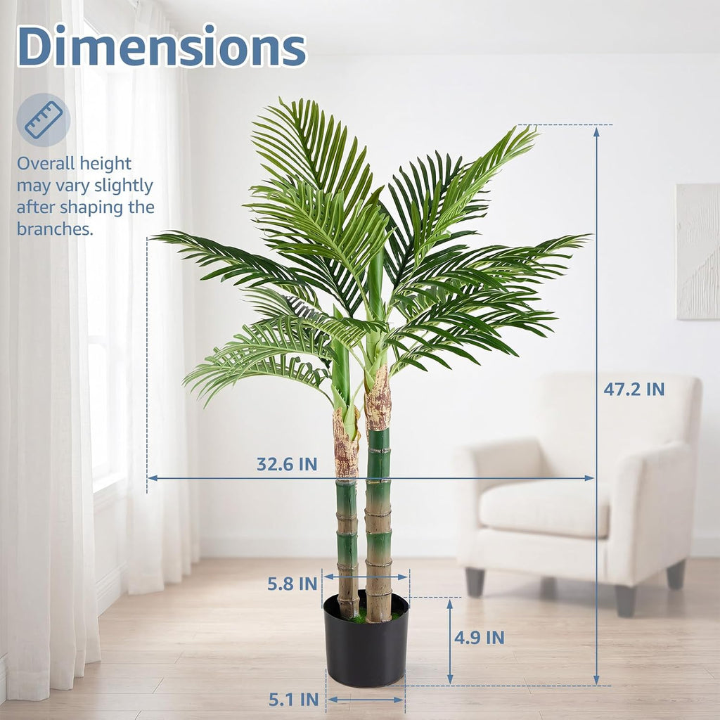 47in Artificial Palm Tree, Realistic Faux Indoor Floor Plant with Lifelike Leaves and Black Planter Pot, Maintenance