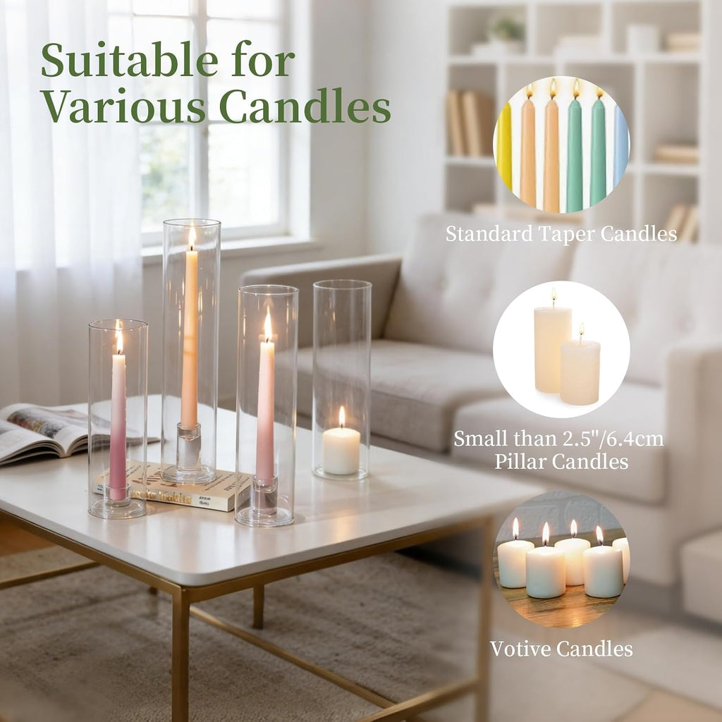 Hurricane Candlestick Holders: 12 Pcs Glass Taper with Cylinder | 2.5mm Thick Glass Sleeves, 9.84''/11.84''/13.78''