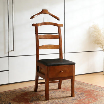 Chair Valet With Drawer, Wooden Suit Valet Stand With Contour Hanger, Trouser Bar and Tie & Belt Bar, 18" W x 23" D x