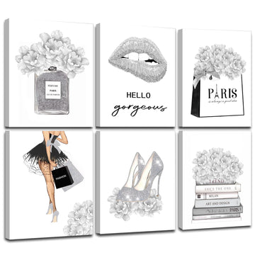 Glam Gray Fashion Wall Decor, FRAMED Woman Makeup Room Wall Art, Fashion Silver Girly Beauty Room Picture Wall Decor
