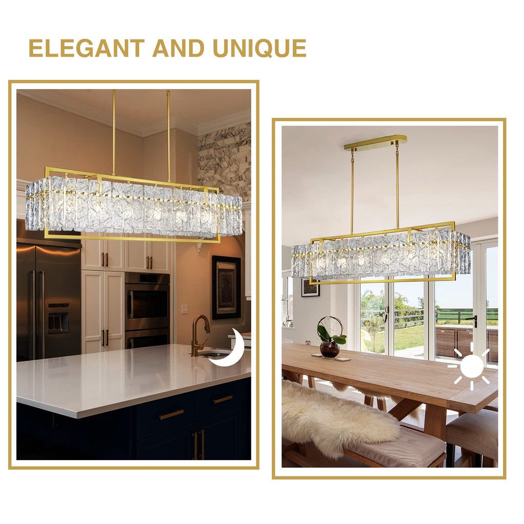 Modern Rectangle Gold Crystal Chandeliers, 42" Large Rectangular Water Ripple Glass Island Light Fixture, Elegant
