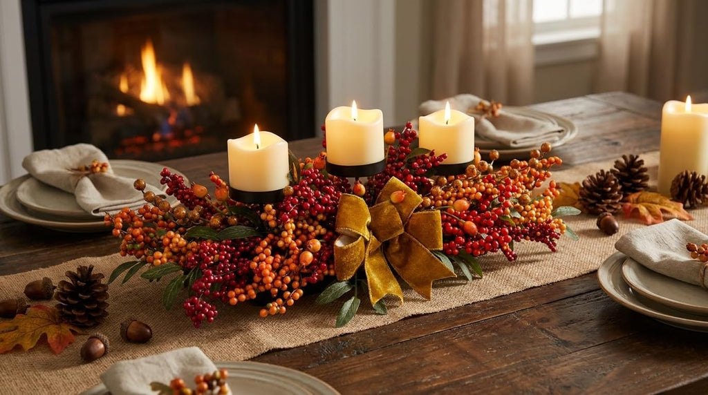25 Inch Fall Candle Holder Centerpiece with Berry Branches and Bow