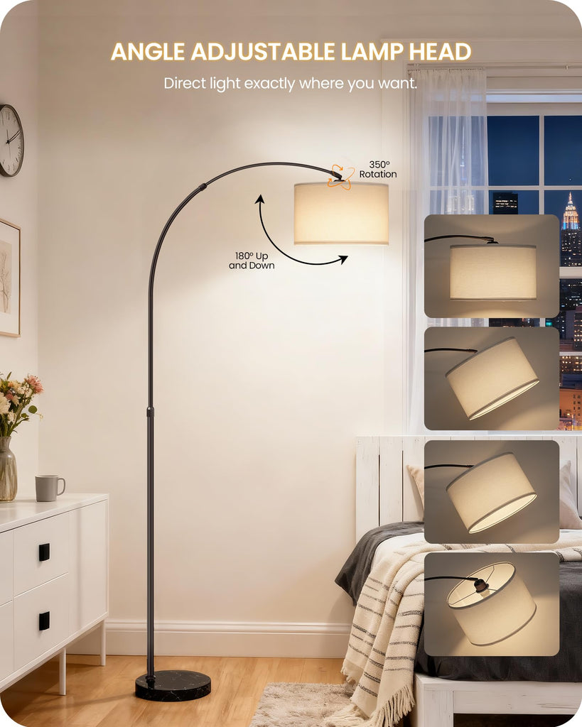 75" Dimmable Arc Lamp with Marble Base, Adjustable Height,White Linen Shade