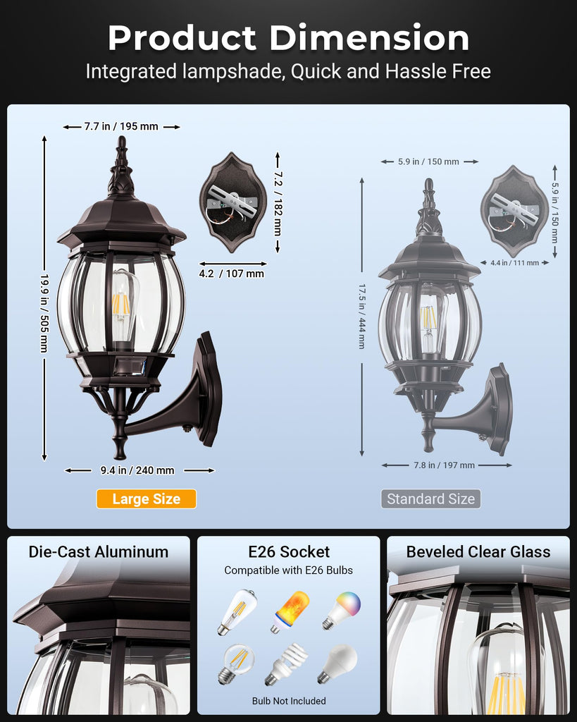 Bronze Large Dusk to Dawn Exterior Porch Light Wall Mount, Anti-Rust