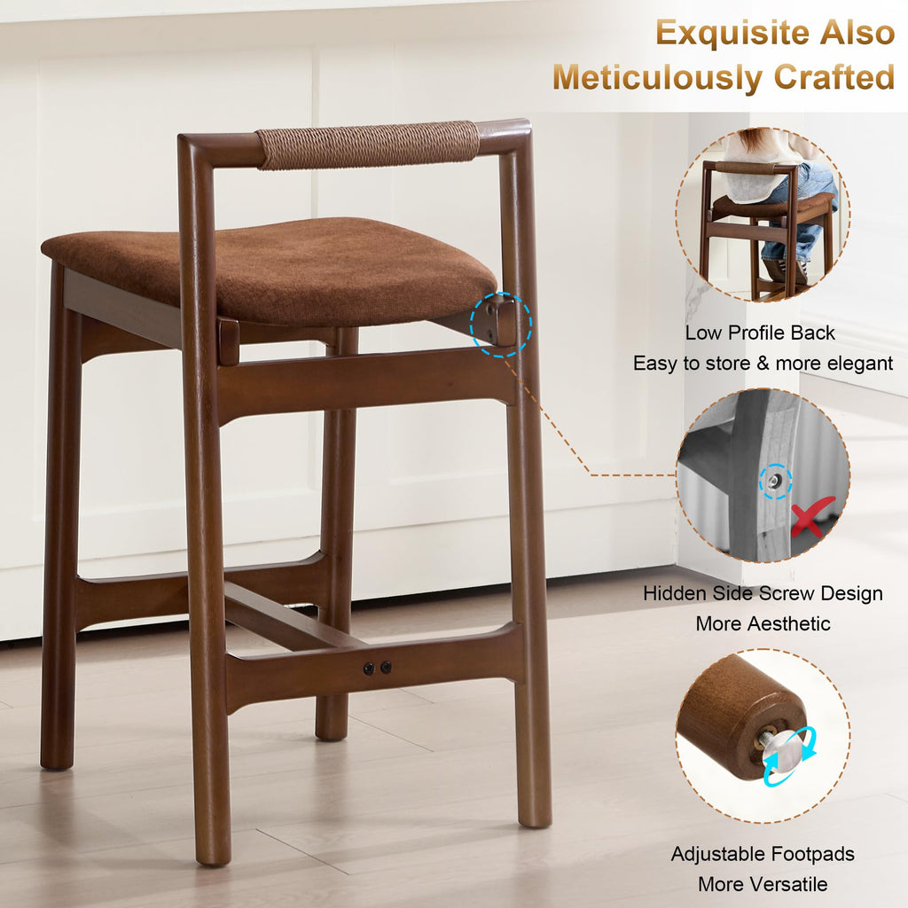 Wood Counter Stools with Woven Paper Cord Accent Back, Set of 4