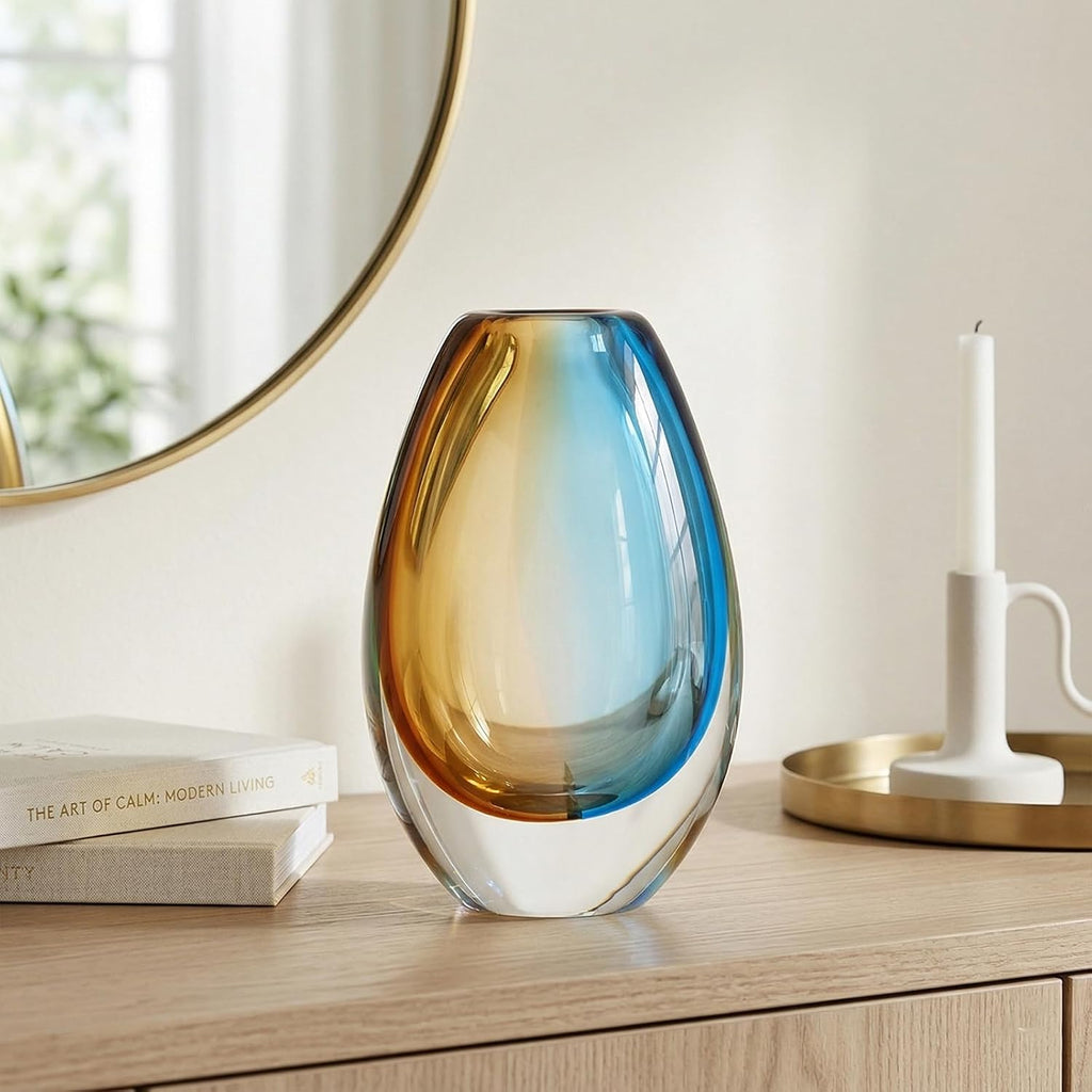 Hand Blown Art Glass Vase, Murano Inspired vase, Amber Blue Decorative Accent with Oval Silhouette for Dining Table