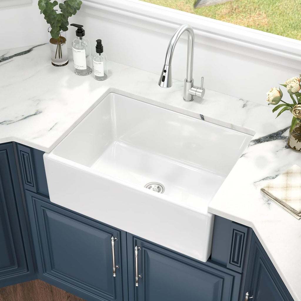 28 White Farmhouse Kitchen Sink - 28 Inch Farmhouse Kitchen Sink Apron Front White Fireclay Ceramic Porcelain Single