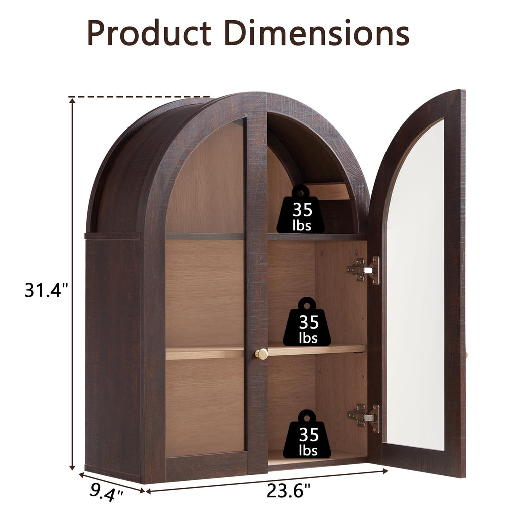 Bathroom Arched Wall Cabinet Medicine Cabinet, 23.5×31.4 Inch Bathroom Cabinet Wall Mount with Glass Doors &