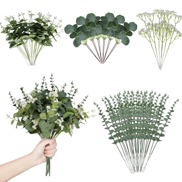 Artificial Eucalyptus Leaves Stems 120 Pcs 4 Kinds Mixed Fake Silver Dollar Eucalyptus Leaves Stem with Babysbreath