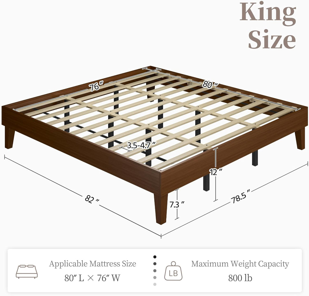 Solid Wood Platform Bed Frame Low-Profile Dark Walnut