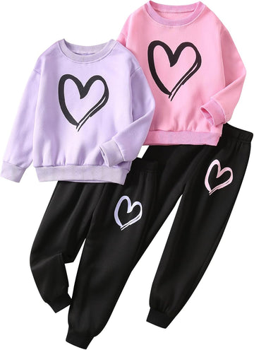 Graphic 4 Piece Outfits Heart Print Workout Hoodie and Sweatpants Fall Winter Clothing Set
