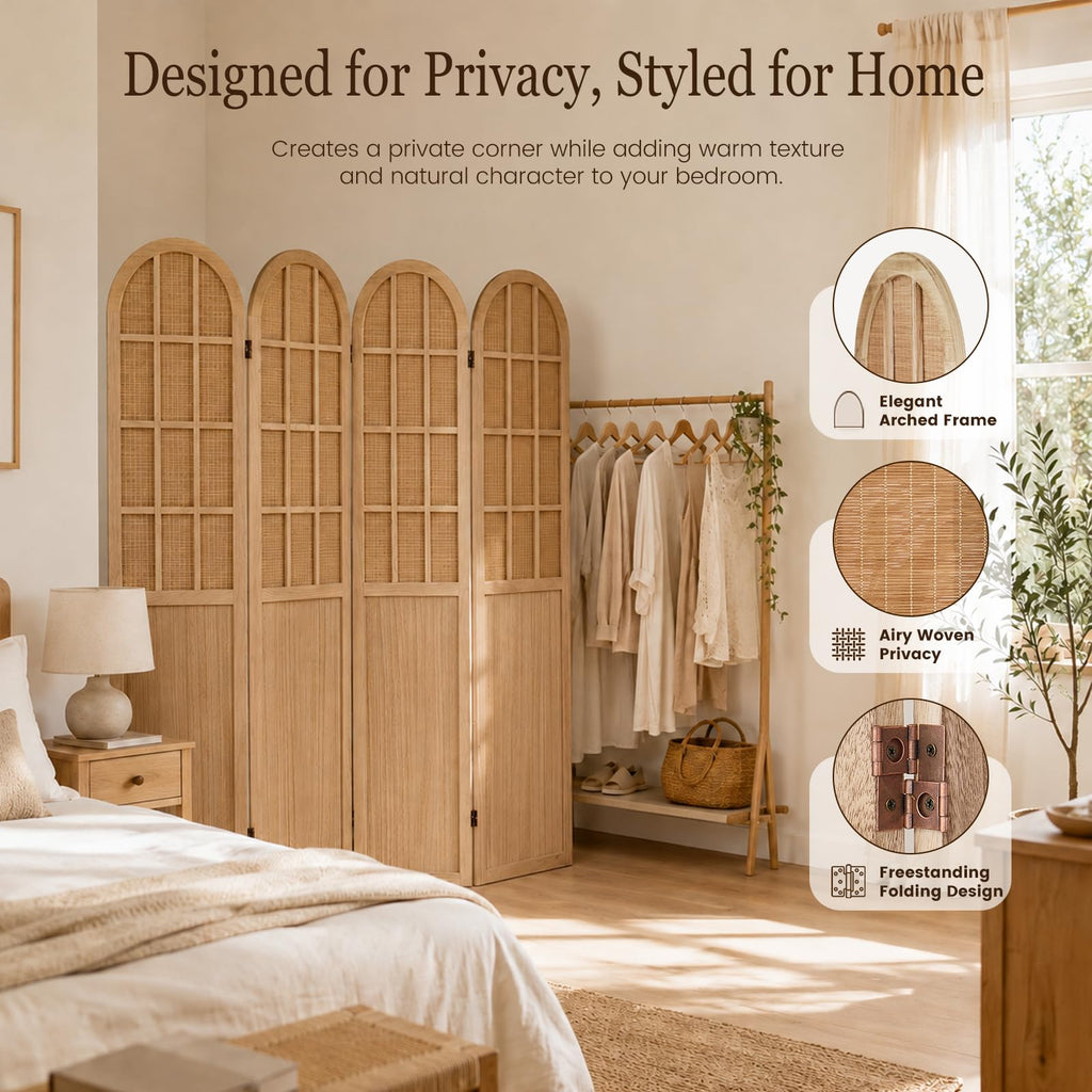 4 Panel Room Divider Privacy Screen Bamboo Wood Light Brown