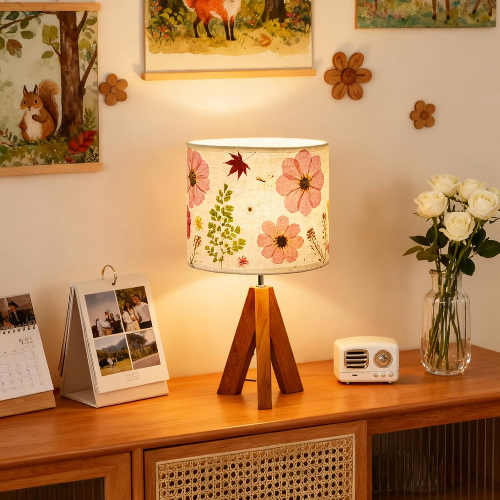 Dried Flowers Tripod Table Lamp 14.96in, 9W LED Dimmable Cute Bedside Lamp with Flowers Linen Lampshade, Kid Room