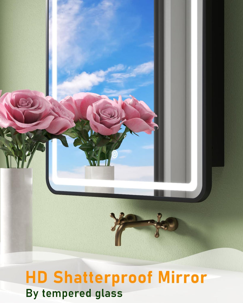 LED Medicine Cabinet Mirror with Lights 16x24 Inch | Wall Mounted or Recessed, Black Metal & Shatterproof Tempered