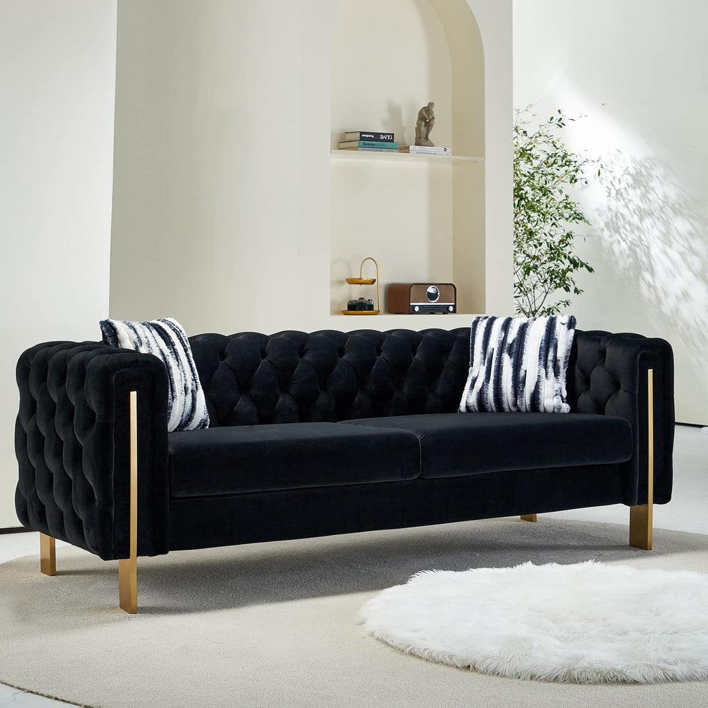 Velvet Tufted Sofa, 84" Mid-Century Modern Couch with 2 Throw Pillows, High Arms & Gold Metal Legs, Luxury