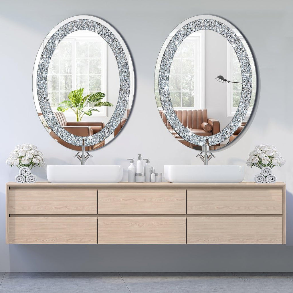 Crystal Crushed Diamond Oval Shaped Silver Mirror Glam Bling for Wall Decoration 24x32x0.9inch Frameless Wall Hang