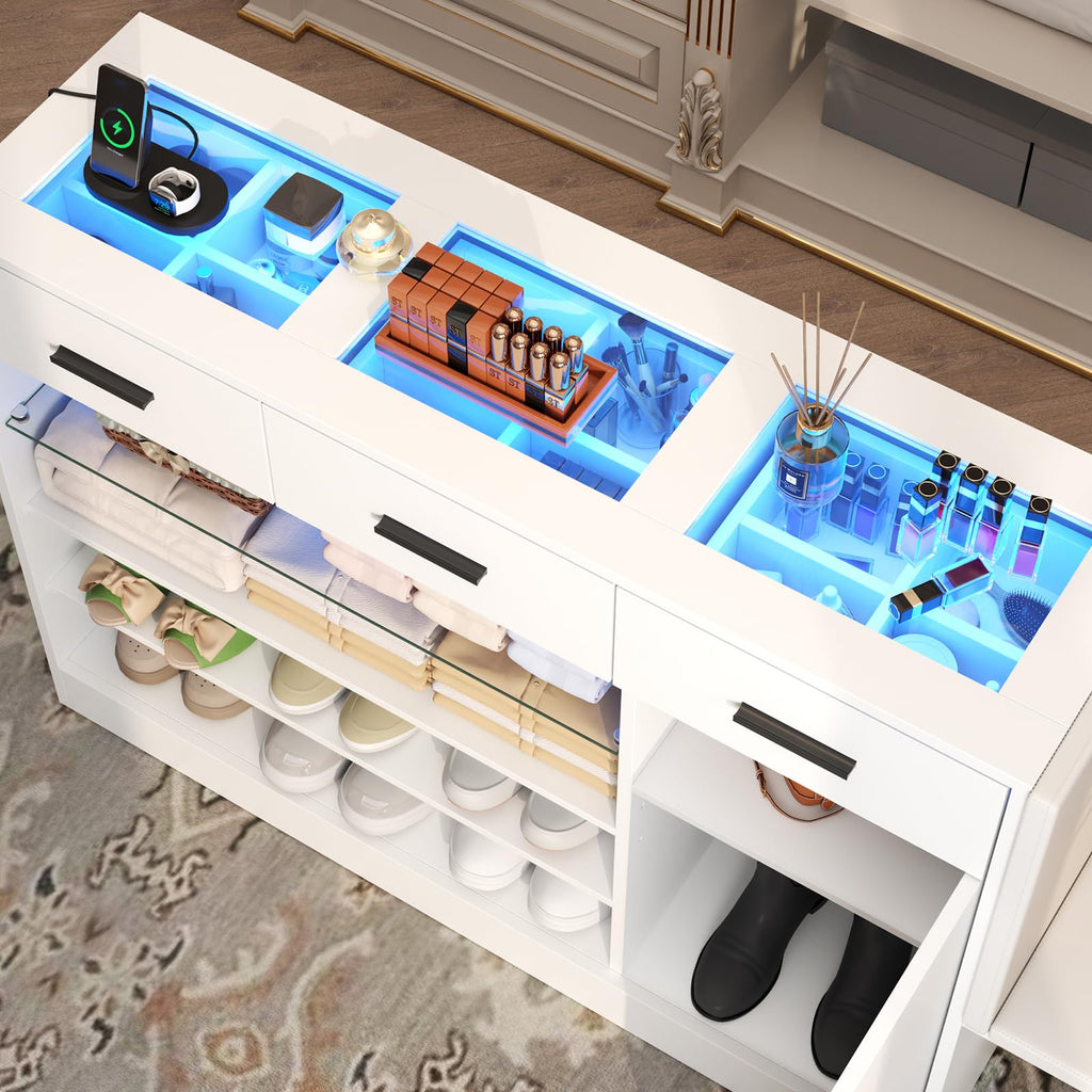Wardrobe Armoire Closet with Charging & LED Light, Closet Island Dresser