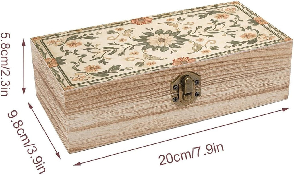 Boho Floral Wooden Storage Box (7.9" X 3.9" X 2.3"),Vintage Wooden Jewelry Box with Hinged Lid Natural Wood Keepsake