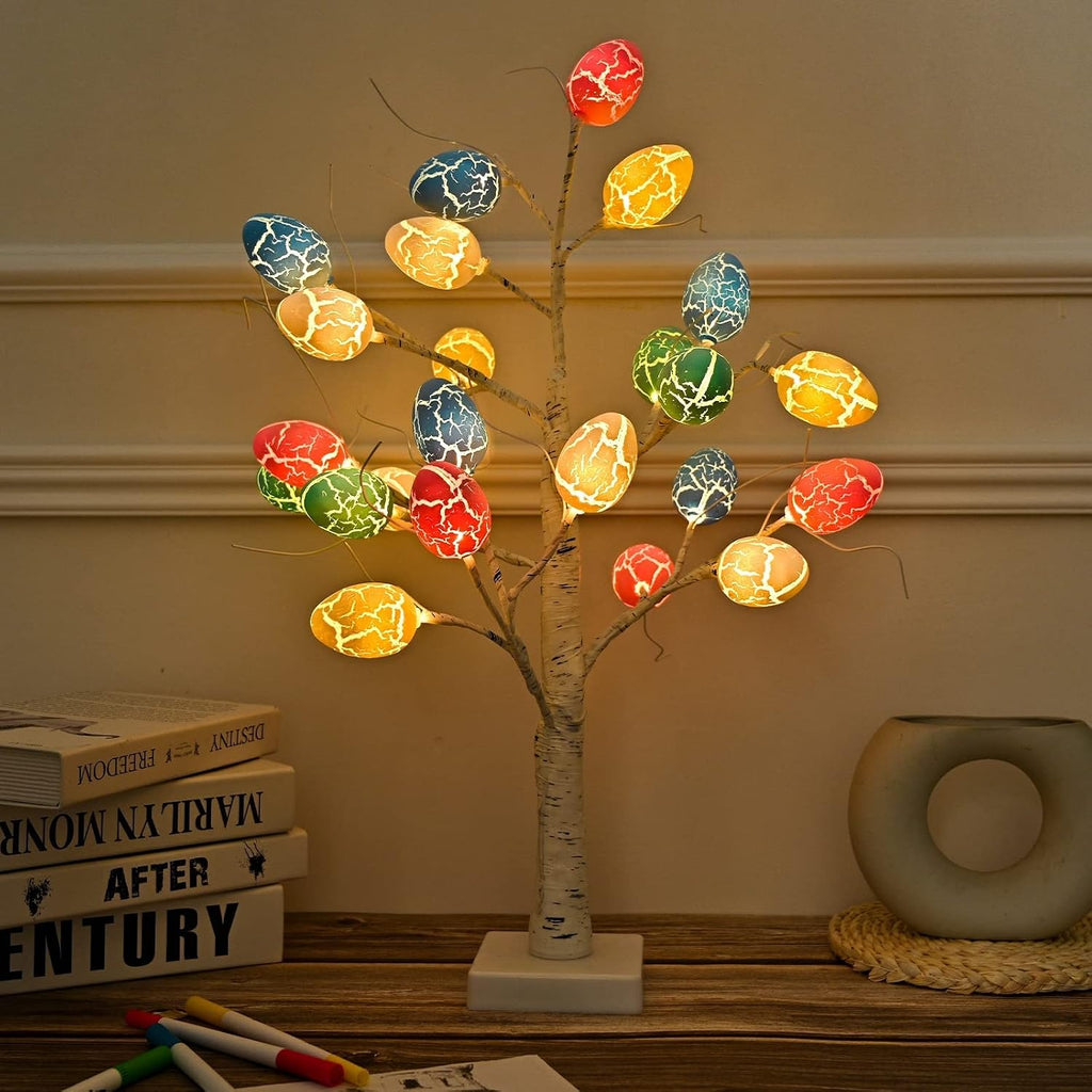 Easter Decorations 24 inch Pre-lit White Birch Tree with Easter Egg Ornaments, 24 Led Lights Battery Operated - Set of 24