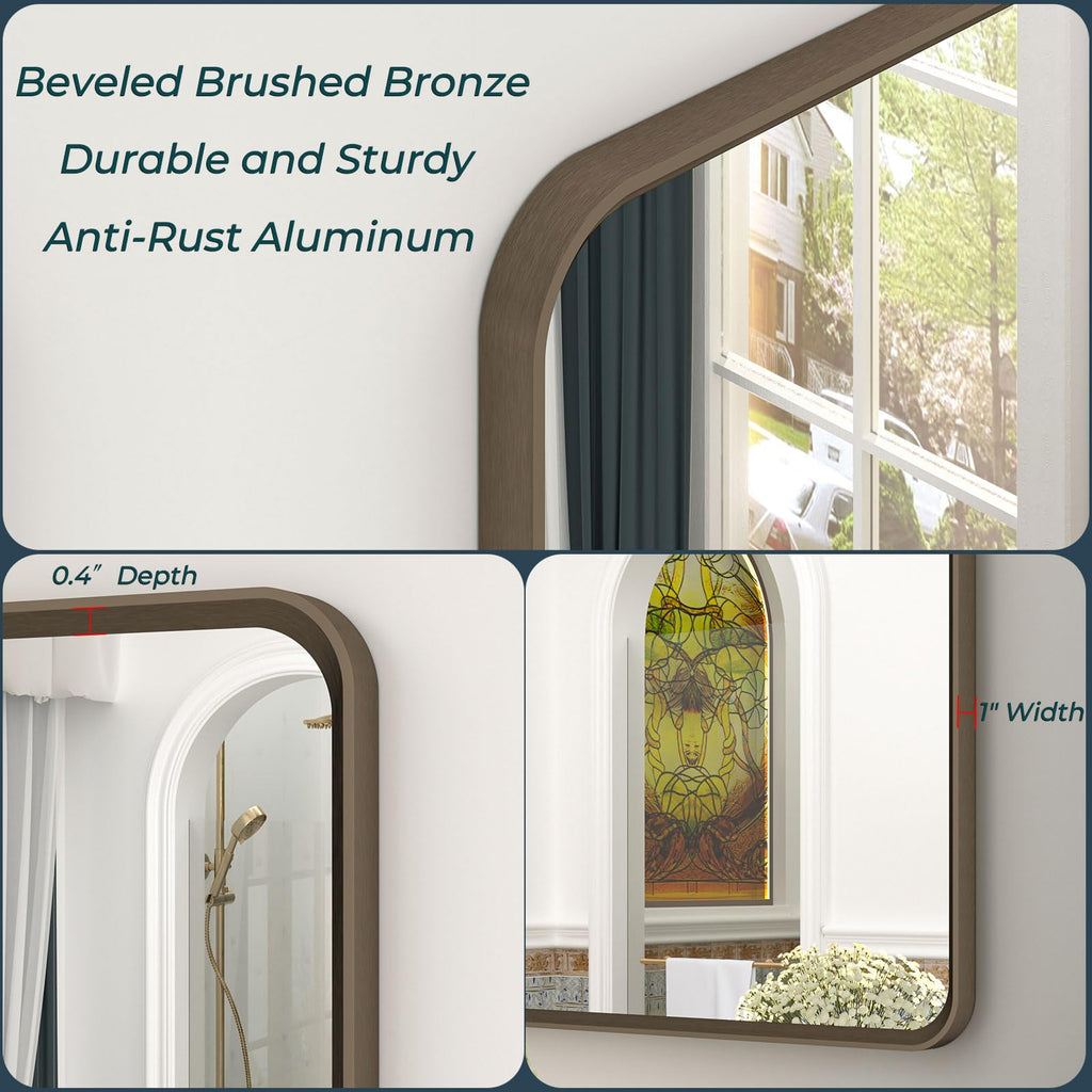 44x36 Bronze Bathroom Vanity Mirror, Brushed Metal Framed Bathroom Mirror, Rounded Bronze Rectangle Mirror for