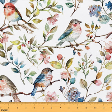 Sparrow Bird Fabric by The Yard Groovy Floral Leaves Upholstery Fabric for