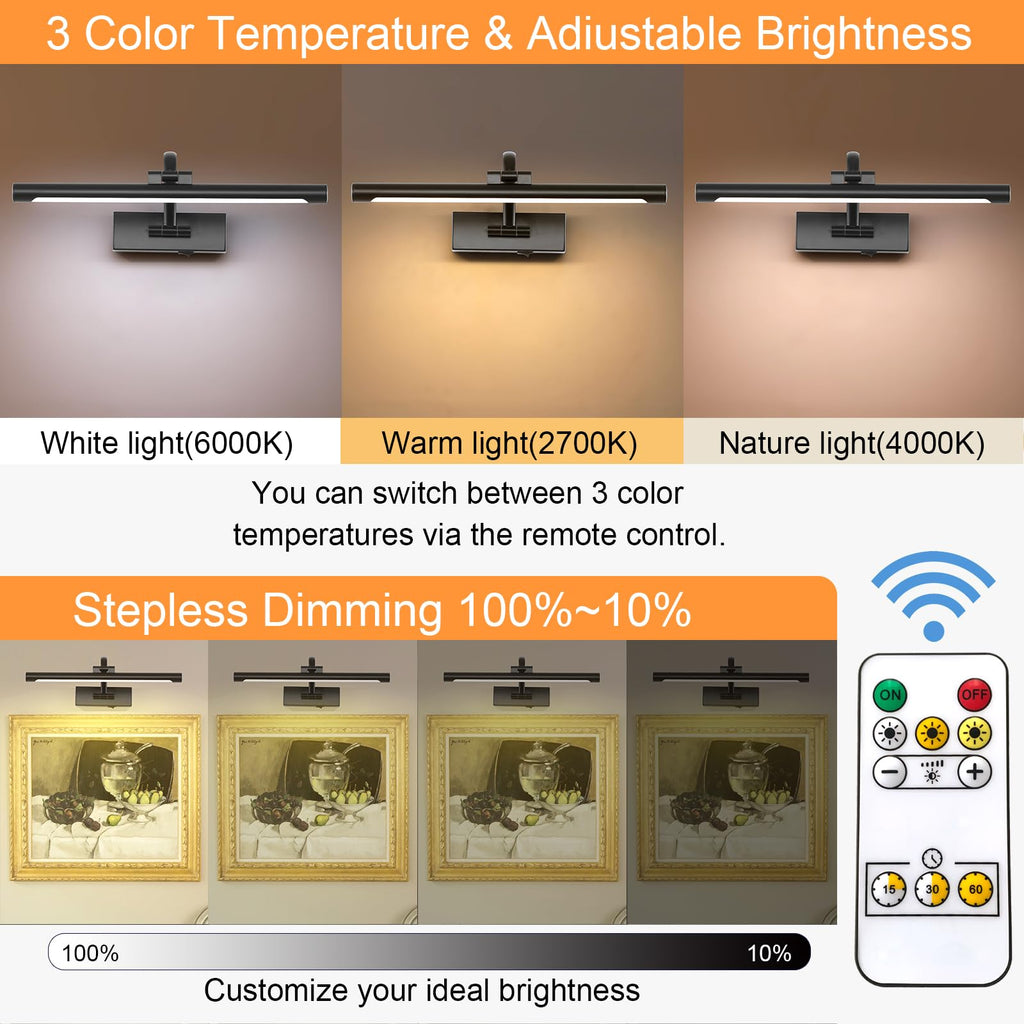 Wireless Battery Operated Picture Light,Rechargeable Wall Light with Remote and Timer,15.75 Inch Black Dimmable