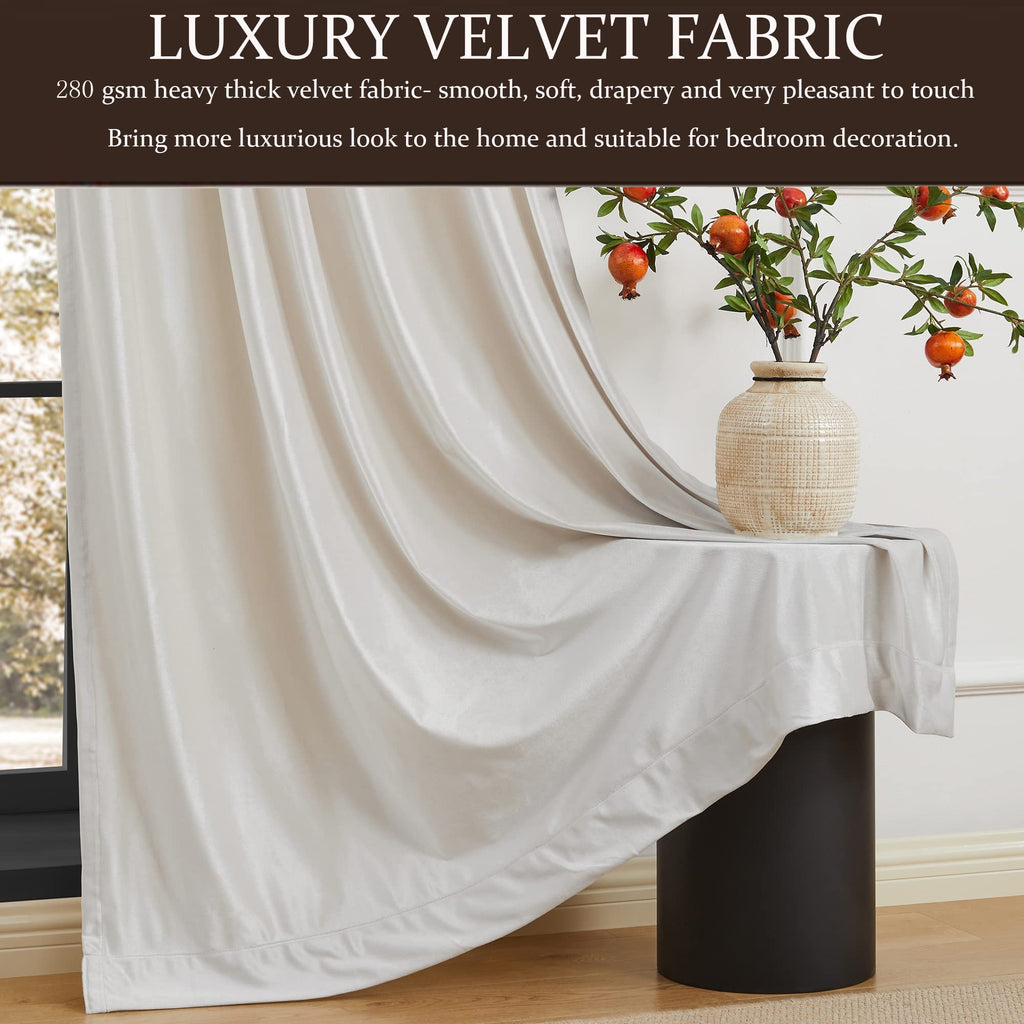 100% Blackout Ivory Off White polyester Velvet Curtains 96 inch Long, Set of 2 Panels Liner Rod Pocket Back Tab