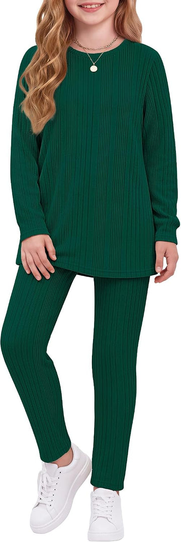 Girls 2 Piece Outfits Rib Knit Sweatshirt and Sweatpants Sweatsuit
