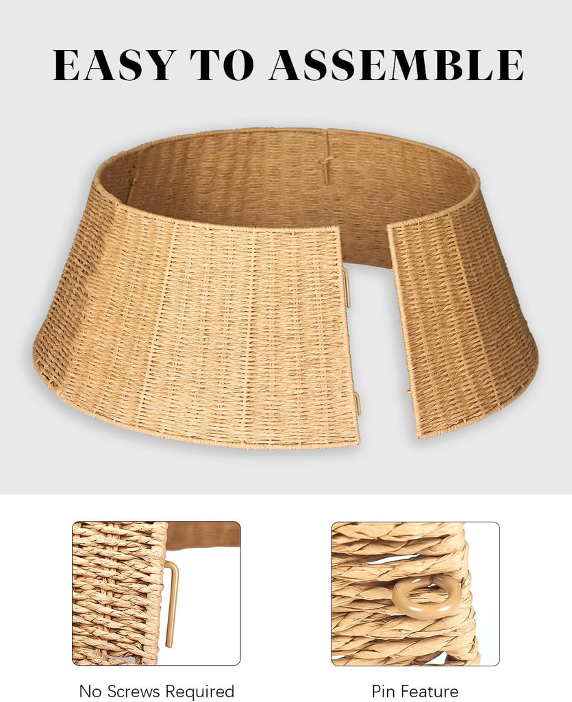 Rustic Farmhouse Christmas Tree Collar - Holiday Decorations - Natural Woven Wicker Tree Base Cover, Basket Ring for
