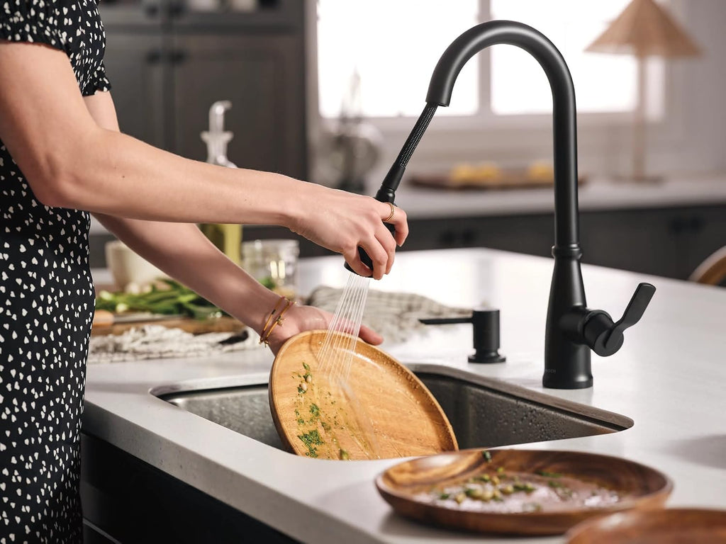 Nolia Matte Black Kitchen Faucet with Soap Dispenser, Pull Down Sprayer with Power Boost, Transitional High Arc