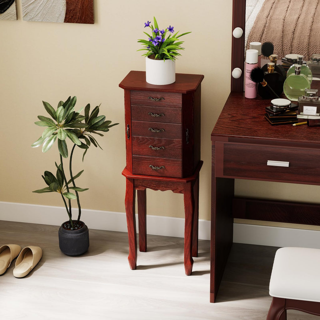 Standing Jewelry Cabinet with 4 Drawers, Flip Top Mirror, Walnut