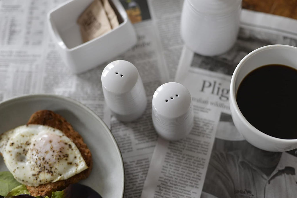 10413 Salt & Pepper Shaker Set, Pulito Collection, 1.25 oz, 2" Dia x 3.375" H, White Melamine with Textured Finish