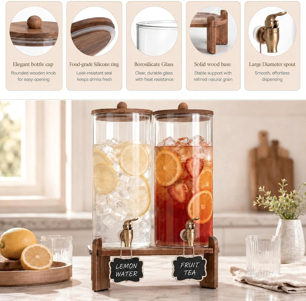 Gallon Glass Drink Dispenser with Spigot & Acacia Wood Stand & Lid - Set of 2