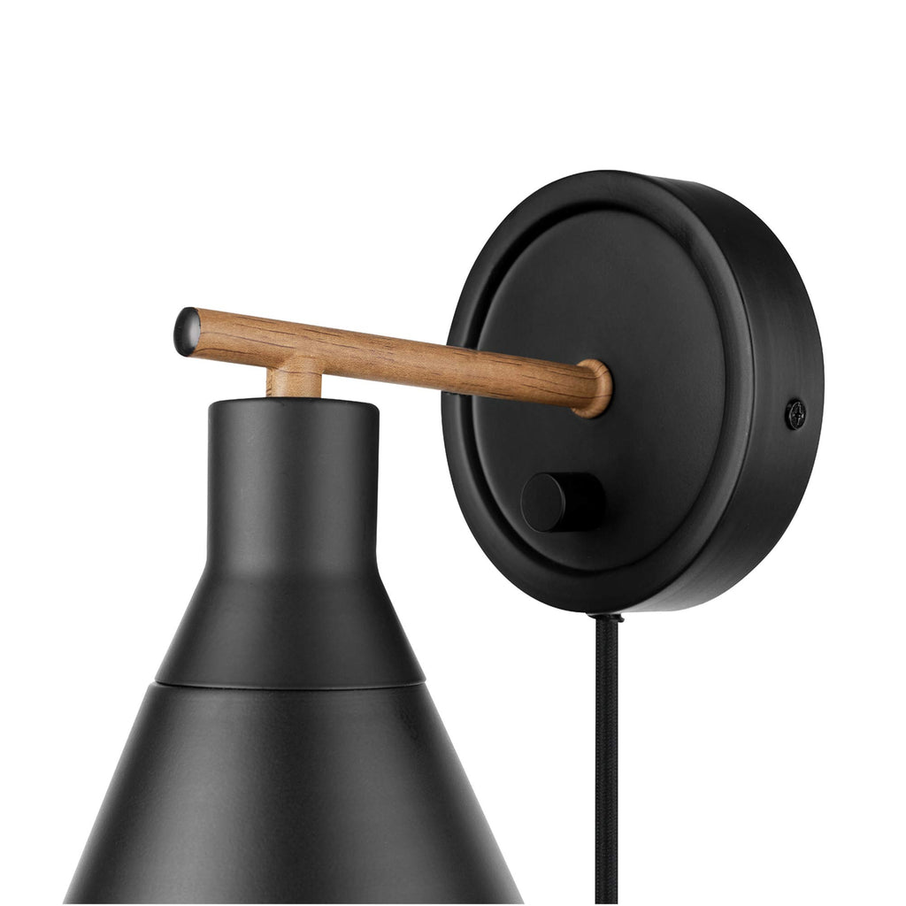 Dimmable Plug-in or Hardwire Wall Sconce, Matte Black, Faux Walnut Accent, Stepless Dimming Rotary Switch on