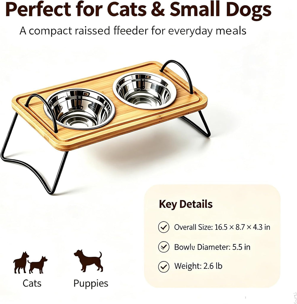 Dog Bowls elevatedRaised and Cat Food Bowl Stand, Elevated Bamboo Pet Feeder with 2 Removable Stainless Steel Bowls