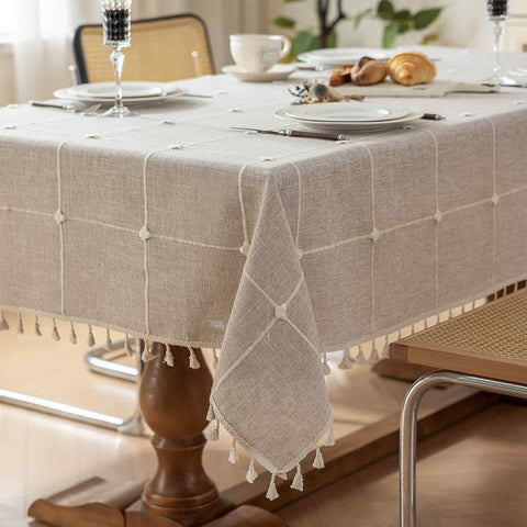 Rectangle Tablecloth Boho Grid with Tassels 55 x 84 Inch, Light Tan Embroidered Table Cloth Cover He