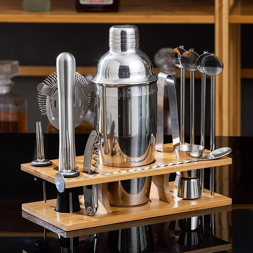 Shaker Set Cocktail Shaker Set Stainless Steel Bar Tool Bartender Kit with Wooden Display Stand Mixology - Set of 14