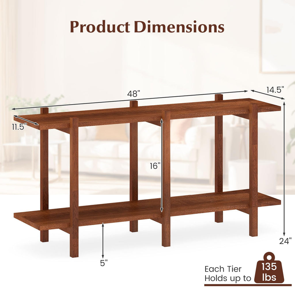 2-Tier Wood Bookshelf, 48" Modern Console Table with Wide Storage Shelf, Horizontal Rubber Wood Bookcase, Open