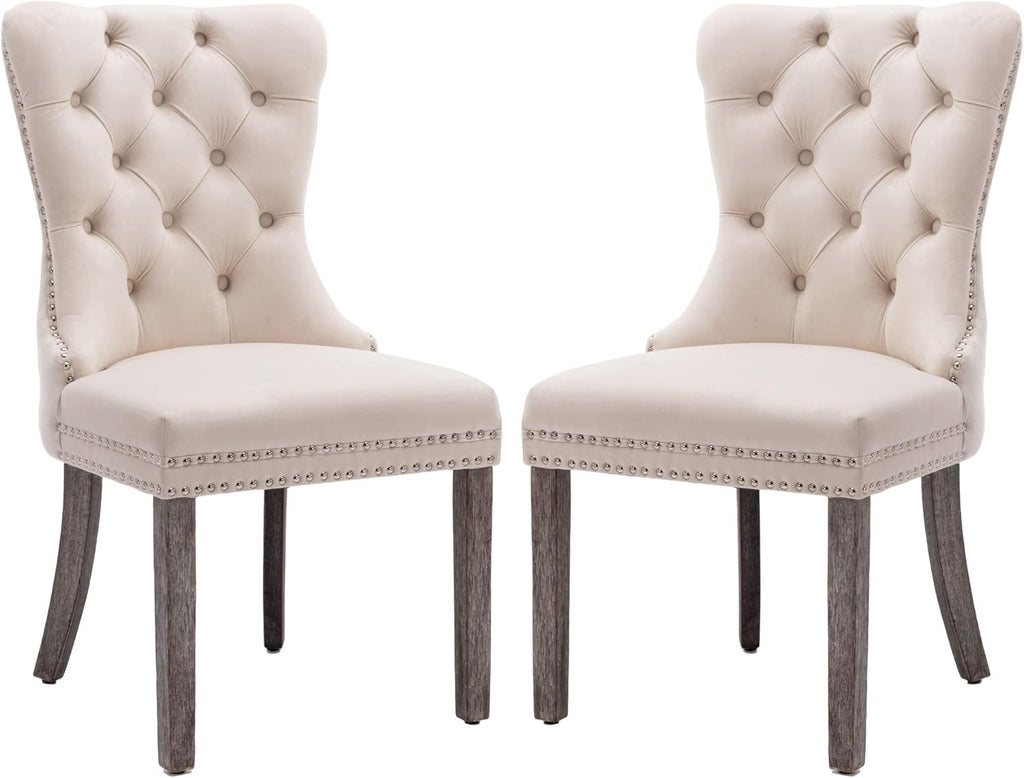 KCC Velvet Dining Chairs Set of 2, Upholstered High-end Tufted Dining Room Chair with Nailhead Back Ring Pull Trim
