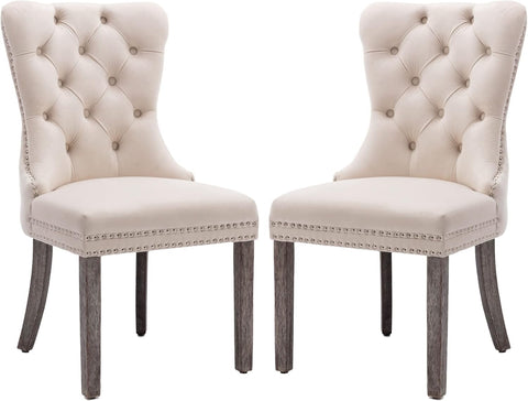 KCC Velvet Dining Chairs Set of 2, Upholstered High-end Tufted Dining Room Chair with Nailhead Back Ring Pull Trim