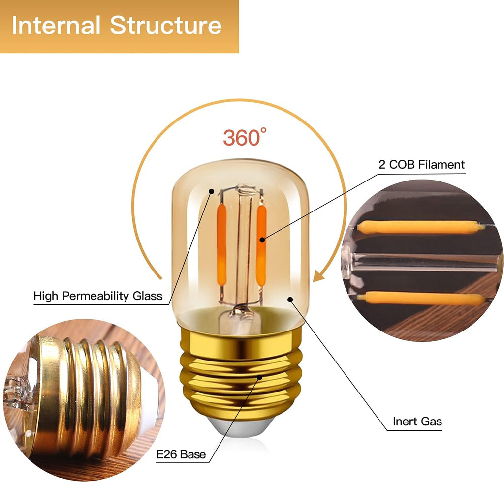 E26 LED Amber Night Light Bulbs 1W, T28 Mini Edison Tube Lamp 2200K Warm, 10W Incandescnet Equivalent,Non-Dimmable