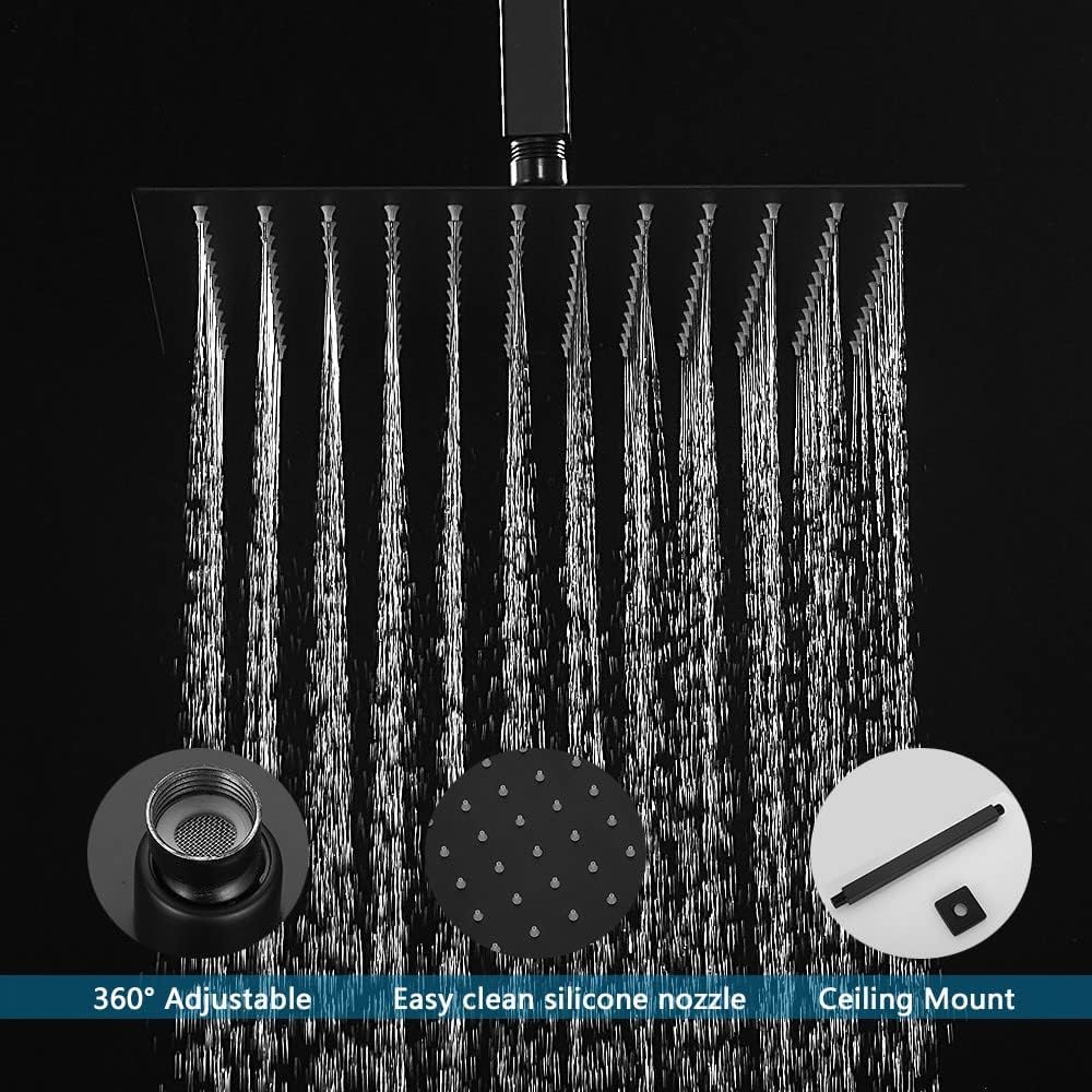 16 Inch Ceiling Mount Matte Black Shower System Bathroom Luxury Rain Mixer Shower Combo Set Ceiling Rainfall Shower