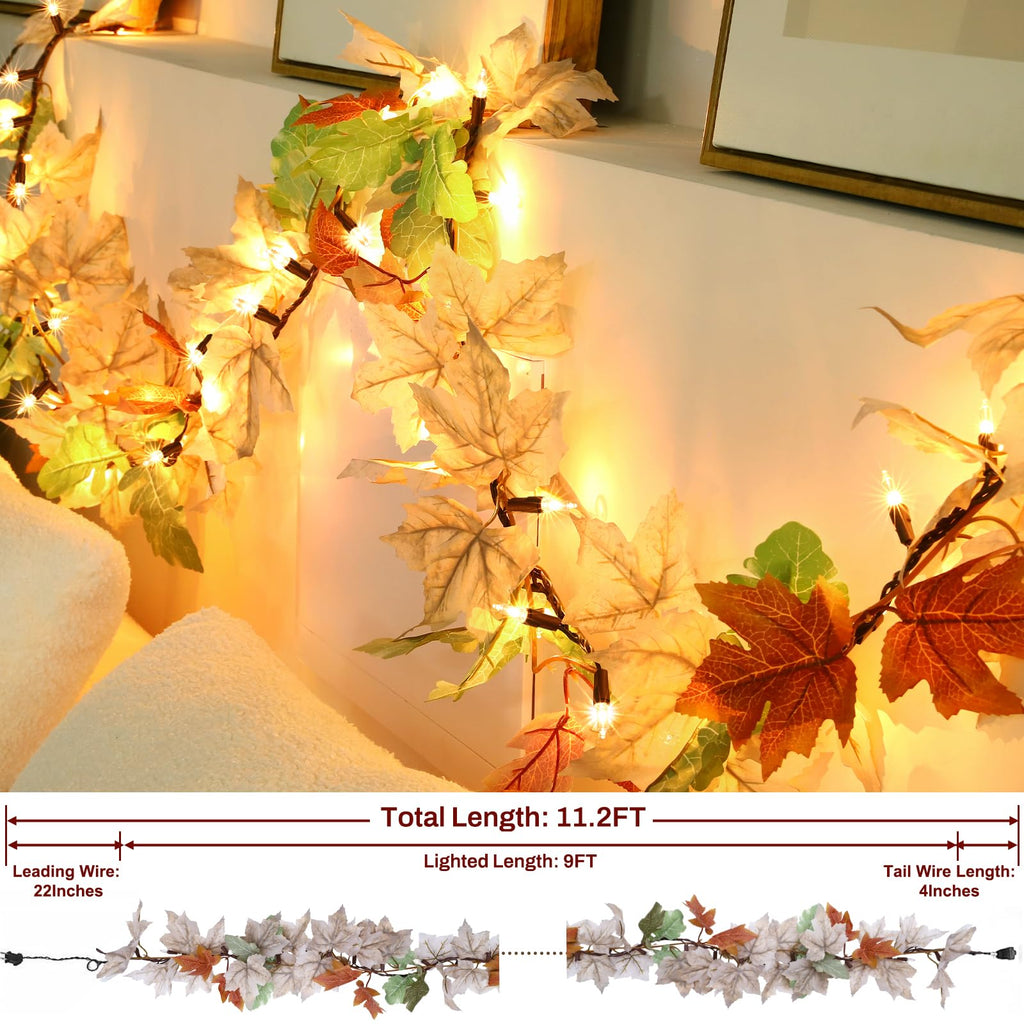 Fall Decorations Lighted Fall Garland, 9FT 50 Count Incandescent Lights Brown Wire UL Certified Connectable Maple