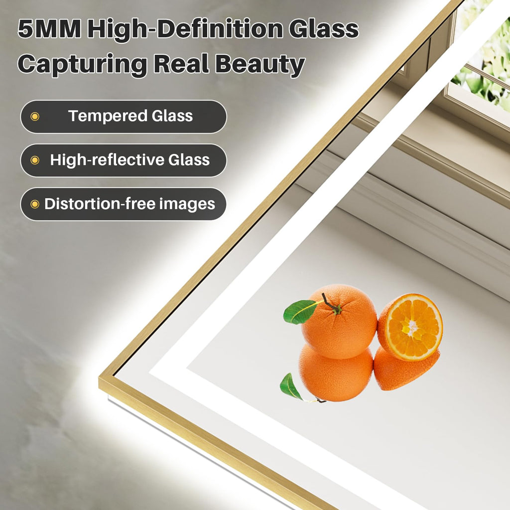 36x30 Inch LED Bathroom Mirror with Gold Frame, Backlit & Front Lit