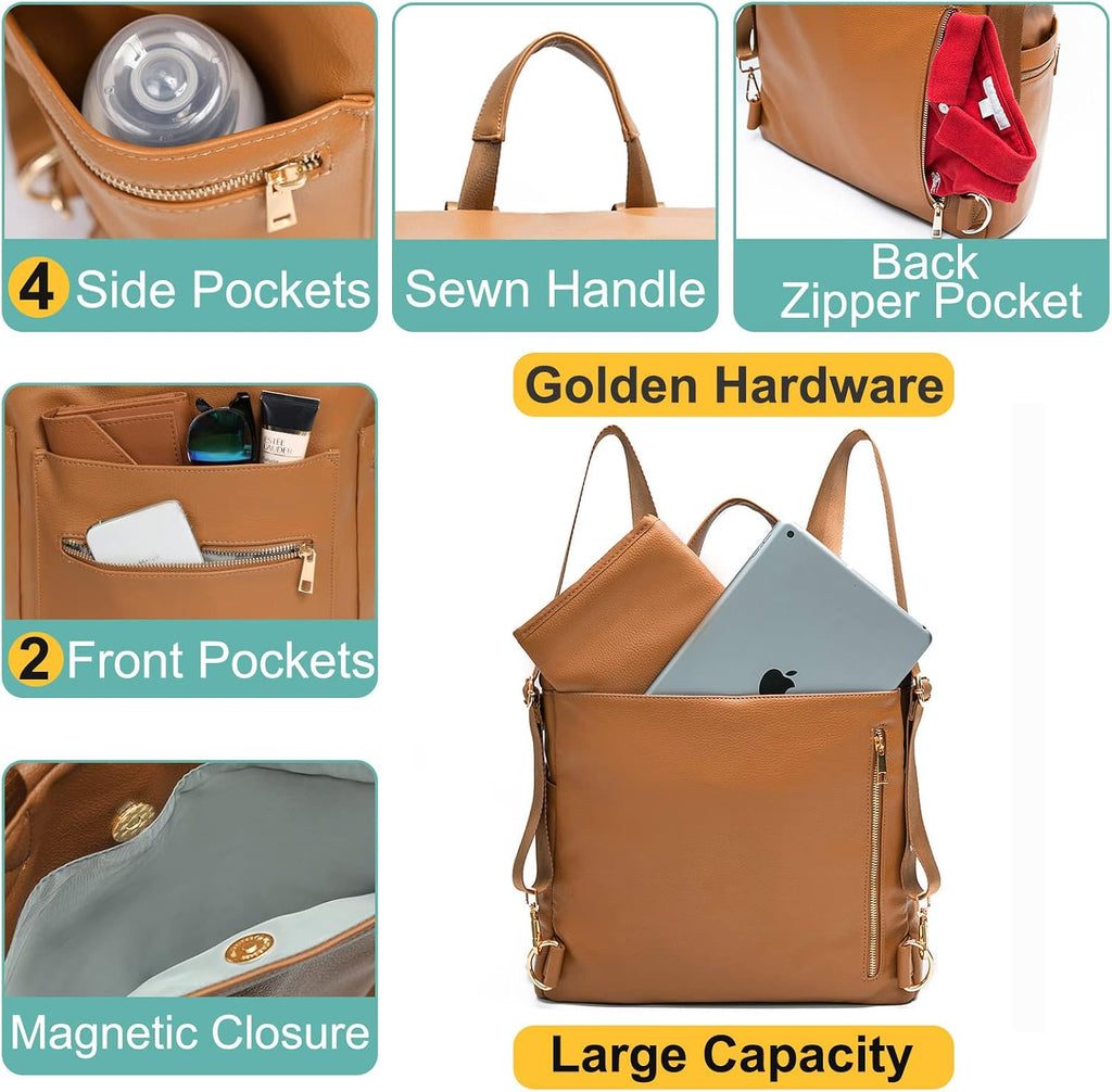 Diaper bag, Leather Diaper Bag Backpack by, Diaper Backpack with Laptop Sleeve,Changing Pad,Wipes Pouch,Stroller