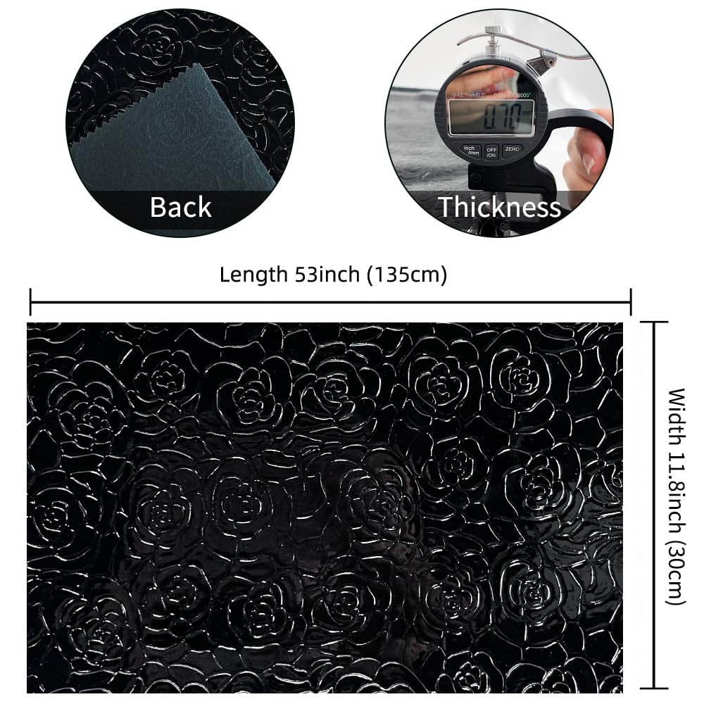 Glossy Mirrored Embossed Faux Leather-12×54" Solid Floral Synthetic Vinyl Fabric for Bows Keychains Crafts-Black